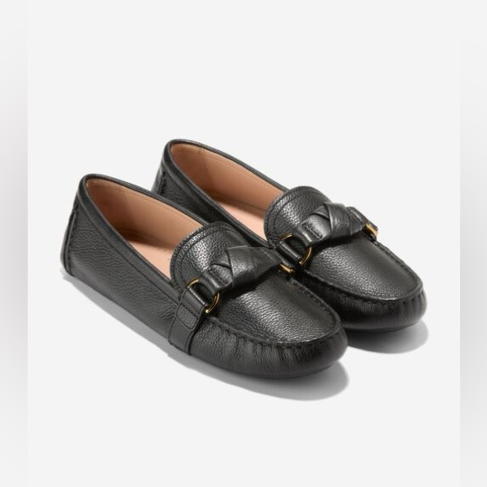 Cole Haan Black Pebbled Leather Knot Loafers with Gold Buckle